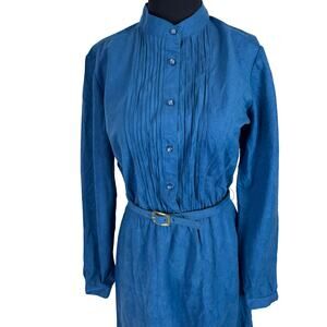 Vintage 70s 80s Blue Suedecloth Dress Pintuck Secretary Librarian Belted M